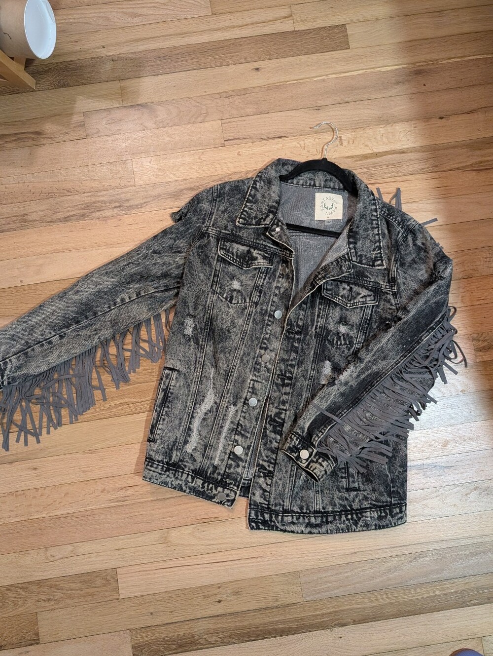 Grey Acid-Wash Denim Fringe Jacket